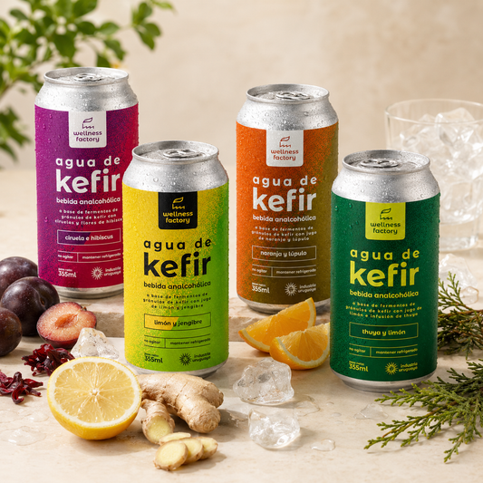 Exhibidor 24 latas agua de kefir artesanal 4 sabores — Uruguay