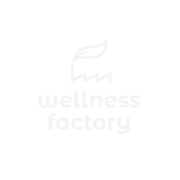 Logo de Wellness Factory en blanco sobre fondo transparente