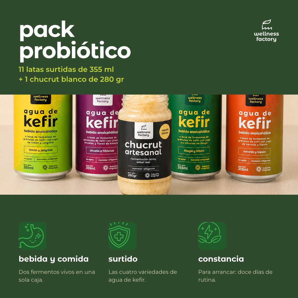 Información pack probiótico kefir agua y chucrut fermentado Uruguay